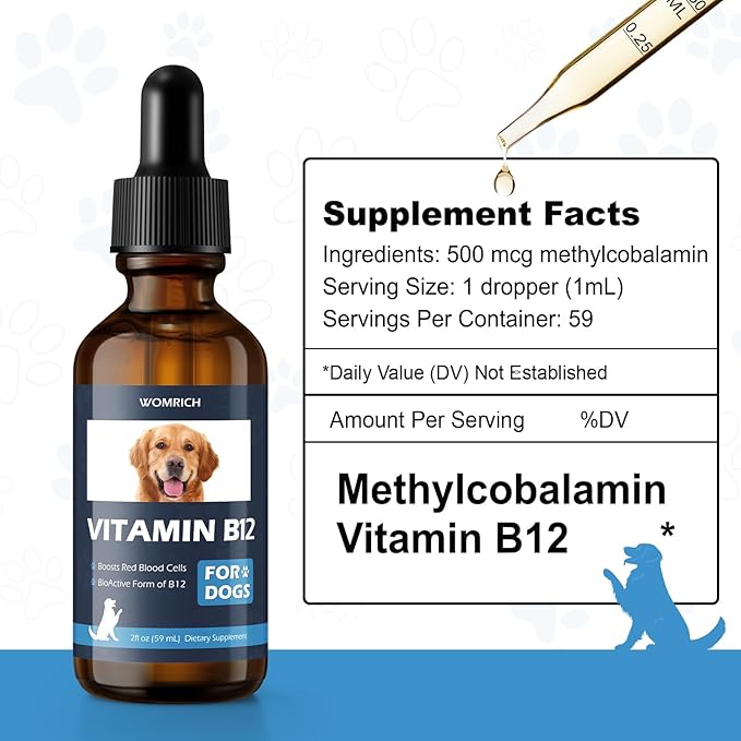 Vitamin B12 for Dogs | Methylcobalamin (Methyl B12) | Appetite Stimulant, Treatment of EPI in Dogs Boosts Red Blood Cell Formation, Energy, Nervous System, Treats Pancreatitis | 2 fl oz