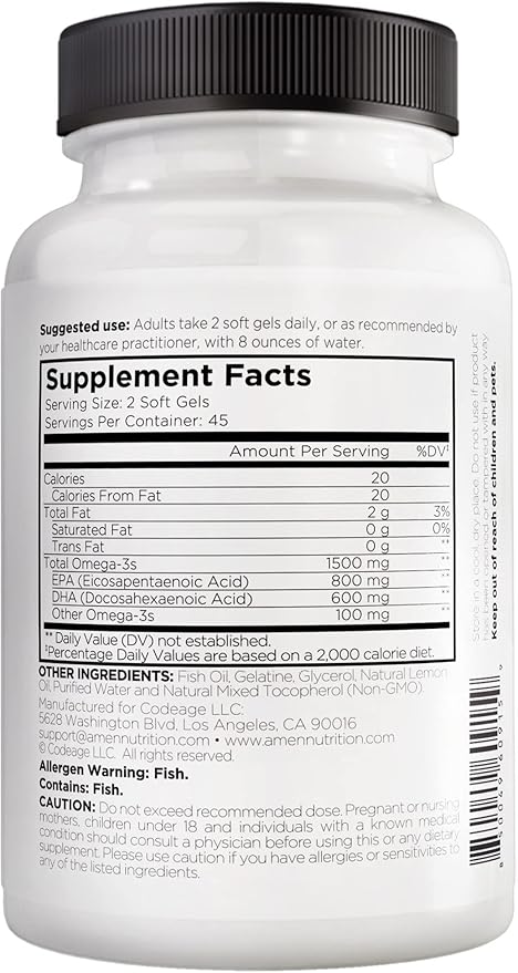 Amen Omega-3 Supplement - 1500mg High-Potency Daily Omega 3 - EPA and DHA Fatty Acids Fish Oil - 45-Day Supply - Fatty Acid Supplements - Fish Oil Pills - Non-GMO - 90 Soft Gels Capsules