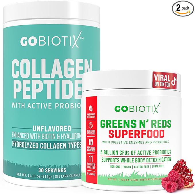 GOBIOTIX Super Greens & Collagen Bundle - Vitality Boost with Organic Spirulina & Hair-Skin-Nails Support - 30 Servings Each