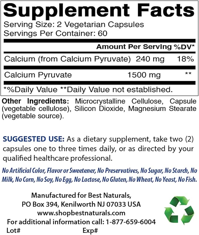 Calcium Pyruvate 750 mg 120 Capsules by Best Naturals (Pack of 3)