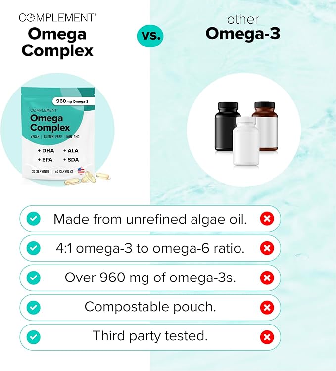 Vegan Omega 3 Supplement- 960mg Omega-3 Fatty Acids, DHA, EPA, SDA, ALA Supplement - Immune Support- 30 Servings, 60 Liquid Capsules
