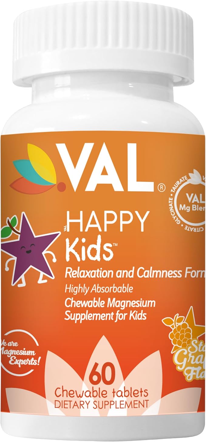 VAL Magnesium for Kids | High-Absorption Magnesium for Calm, Relaxation & Focus | Mg Glycinate, Citrate & Taurate | with Vitamin B6, D & C | Sugar-Free, Non-GMO | 60 Chewable Tablets
