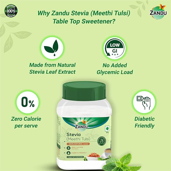 Zandu Stevia Meethi Tulsi Powder- A Healthier Substitute for Sugar, Helps Maintain Healthy Sugar Levels & Healthy Weight (100 g Powder)