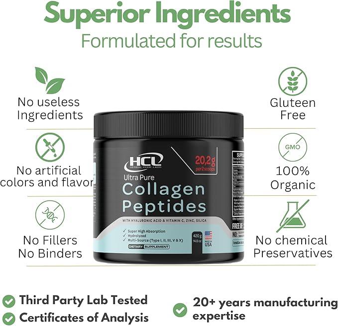 Collagen Peptides Powder with Vitamin C & Hyaluronic Acid - from Organic Cleanest Sources & Super High Absorption - Hydrolyzed Multi Type I, II, III, V, X - Skin Hair Supplement Made in USA
