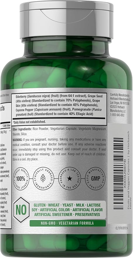 Horbäach Mega Fruits and Veggies Supplement | 100 Capsules | Vegetarian, Non-GMO and Gluten Free