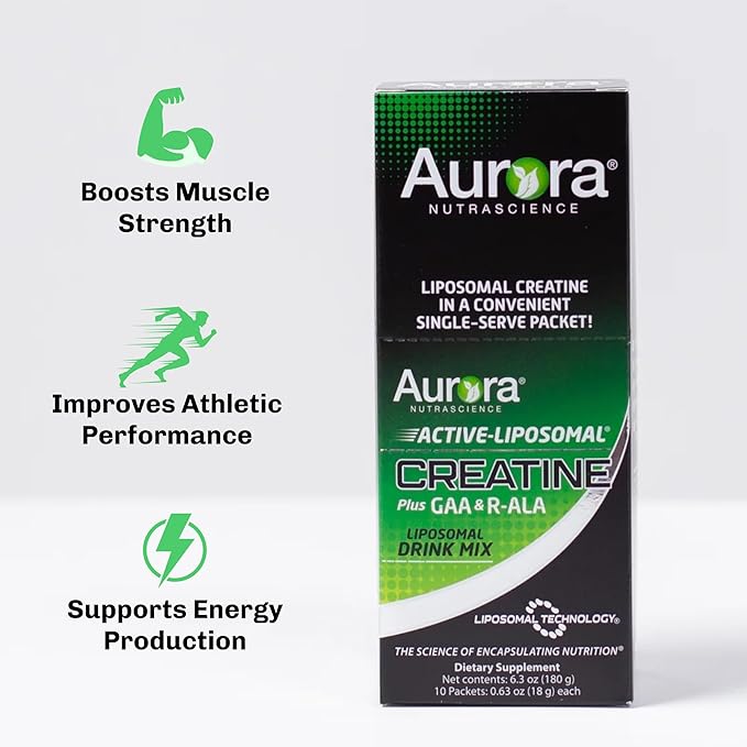 Aurora Nutrascience Liposomal Creatine + GAA & R-ALA Lemon Lime Powder Drink Mix, Increased Energy, Supports Exercise Performance & Muscle Growth, 10 Packets