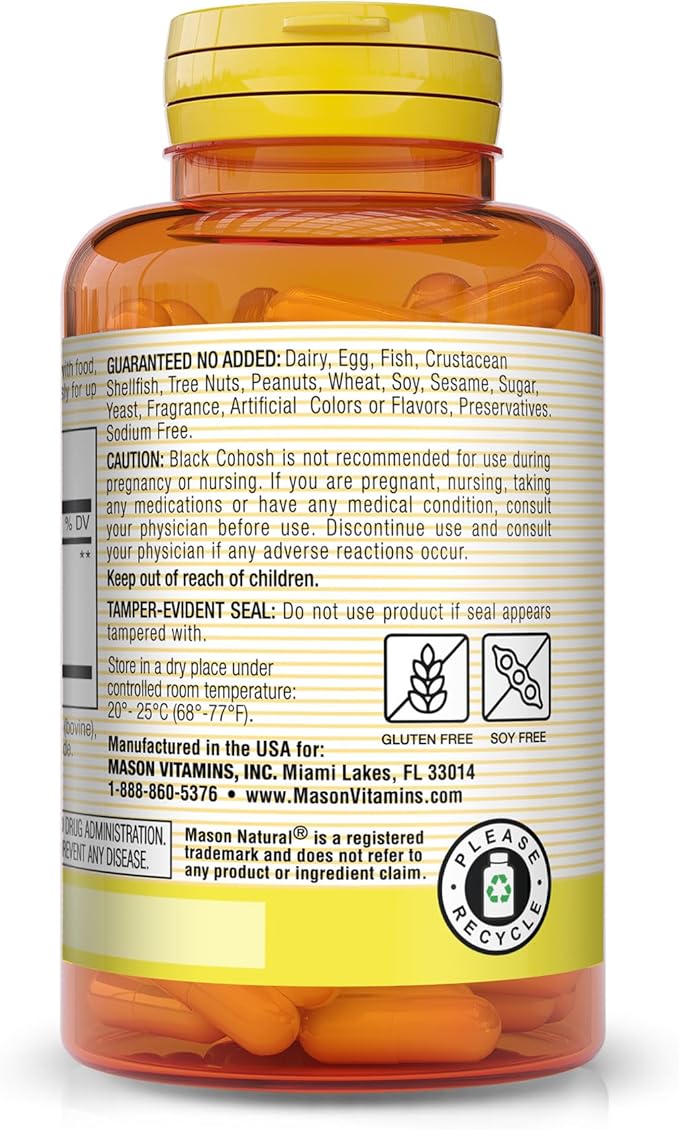 MASON NATURAL Black Cohosh Alleviates Hot Flashes & Night Sweats, Restores Hormonal Balance, Herbal Supplement, Beige, 60 Count, Pack of 3