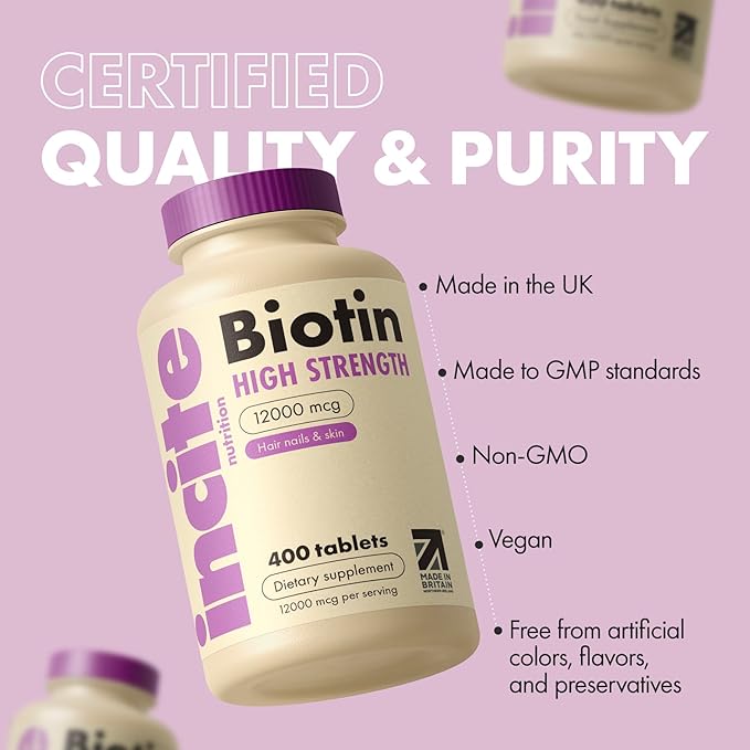 Incite Nutrition Biotin Supplement 12000mcg - +1 Year Supply - High Strength 120 Easy Swallow Tablets - Biotin Hair Growth Vitamins for Hair, Skin & Nails - Natural Vegan & GMO-Free - Made in UK