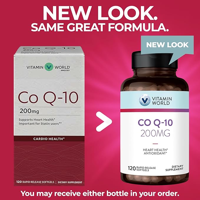 Vitamin World CoQ10 200 mg Softgels, Coenzyme Q10 Supplements for Antioxidant Support, Heart Health & Energy Production, Gluten Free, 120 Rapid Release Softgels