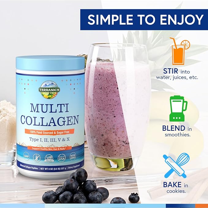 Terranics Multi Collagen Peptides Powder, Type I II III V X Collagen for Women & Men, Collagen Supplements for Skin, Nail, Hair, Easy to Dissolve, Unflavored, No Sugar, Keto, 8oz