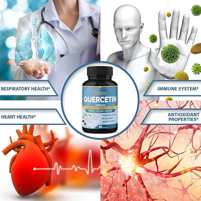 Organic Cadane 2 Packs Quercetin Supplements Capsules, 6in1 with Turmeric, Berberine, Stinging Nettle, Black Seed, Black Pepper - Supports Immune System - 4 Months Supply