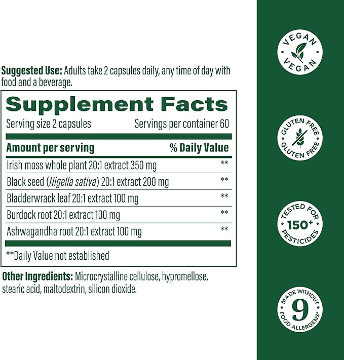 MegaFood Sea Moss Complex - Irish Sea Moss 7000mg Per Serving Plus Black Seed Oil, Burdock Root, Bladderwrack & Ashwagandha - Vegan Gut Health & Immune Support Supplement, 120 Capsules, 60 Servings