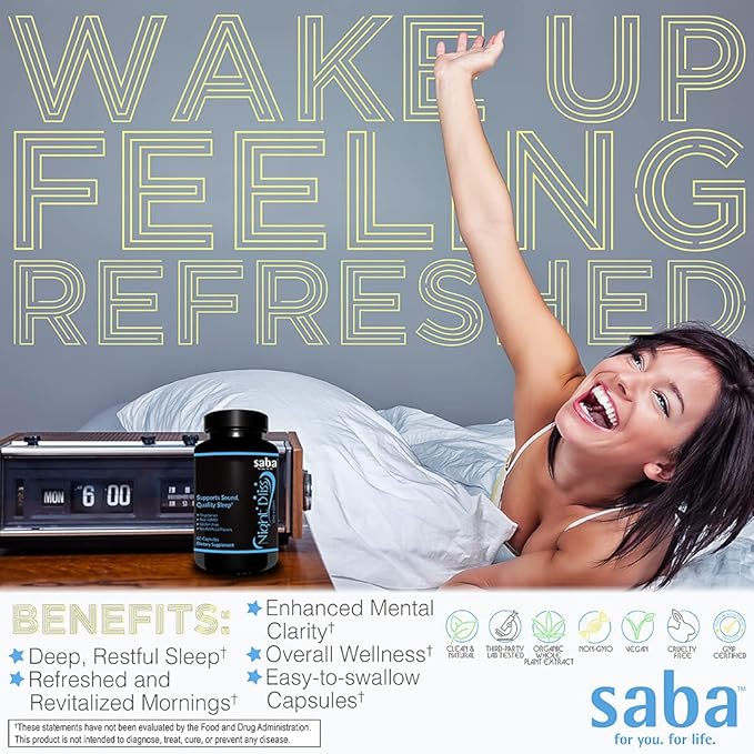 Saba Night Bliss Natural Sleep Aid | Non-Habit Forming | Sleep Supplement for Longer Sleep & Stress Relief w/Magnesium, Melatonin, GABA, Chamomile, & Valerian (60 Vegan Capsules, 30 Day Supply)