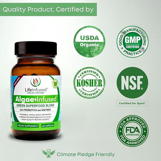 Life Infused Algae Infused - Premium Green Superfood Blend, Spirulina, Chlorella, Probiotics & Enzyme for More Energy, Digestion, Detox & Immune Support: 60 Caps