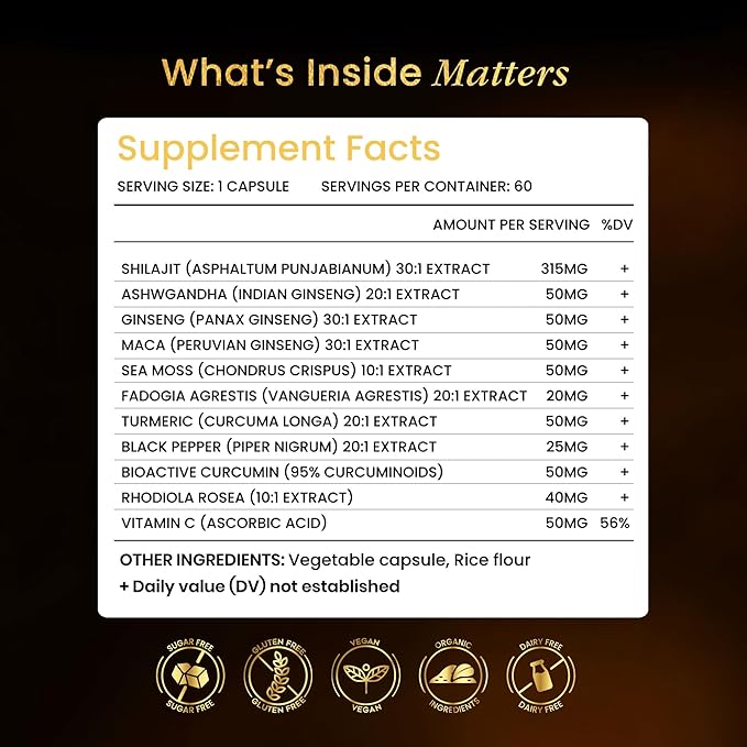 Shilajit Capsules for Men & Women, 16,000mg Pure Himalayan Organic Shilajit Supports Vitality and Wellness,Premium Pure Himalayan Supplement 2 Months Supply, 60 Capsules