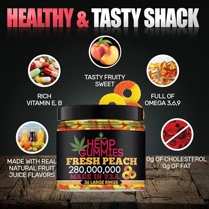 Hemp Gummies for Peace and Relaxation-High Potency Hemp Oil Gummys Peach-Fresh Full Flavor-Natural Hemp Edibles-for Back, Knees, Calm, Sleep, Discomfort-36 Large Rings-Made in USA