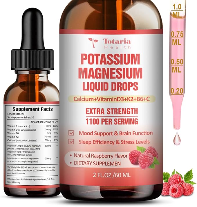Potassium Magnesium Supplement Liquid Drops - Vitamin K 2 Potassium Supplement Complex Magnesium Glycinate Liquid Citrate Oil High Absorption Potasio Support Bone, Muscle, Leg Cramps, Immune Support