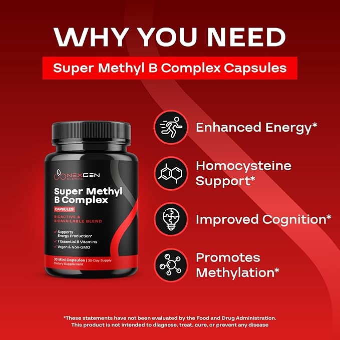 Methylated B Complex Vitamin Supplement - Bioactive Methyl B Complex with 5-MTHF Methyl Folate & B12 Methylcobalamin for Brain Heart Energy & Homocysteine Support - Super Vitamin B Complex (30 count)