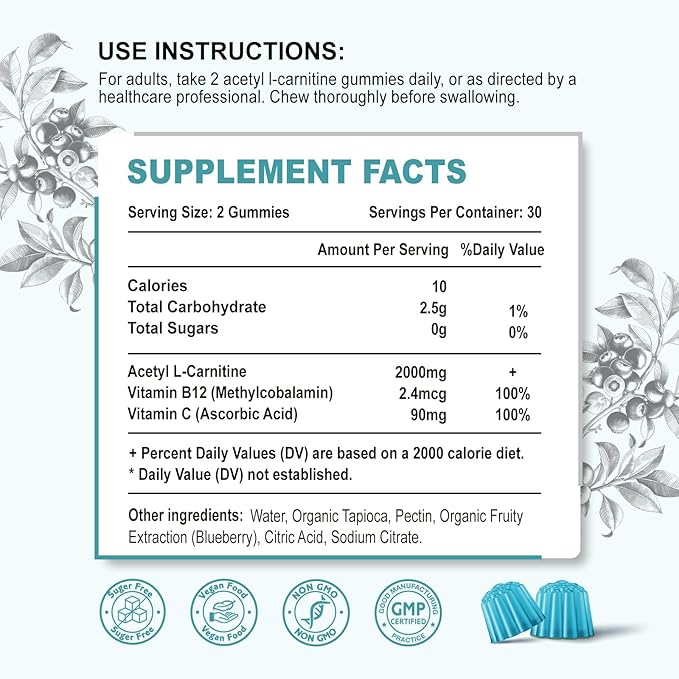 2 Pack Acetyl L-Carnitine Gummies, L-Carnitine Supplement for Women & Men, with Vitamin C & B12, ALCAR for Energy, Brain & Heart Health Support, Vegan, Non-GMO, Sugar Free, 120 Count