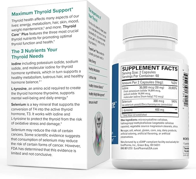 Terry Naturally Thyroid Care Plus - Supplement to Aid Thyroid - Dietary Supplement for Energy & Healthy Hair Support - Supplement with L-Tyrosine & Selenium - 120 Capsules