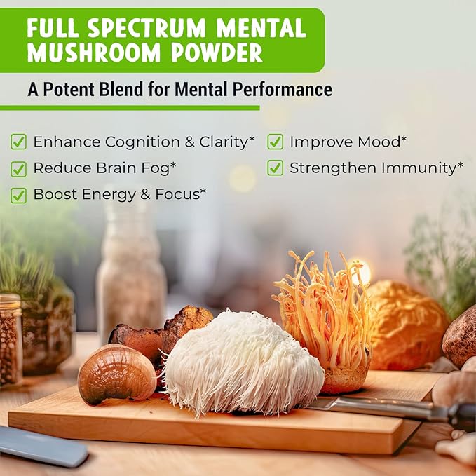 Maju Superfoods Mental Mushroom Powder Extract, Strong Lions Mane, Chaga, Reishi, Cordyceps, Fruiting Bodies for Coffee, Immune System Booster, Nootropic Brain Supplement, Memory, Organic Mushrooms