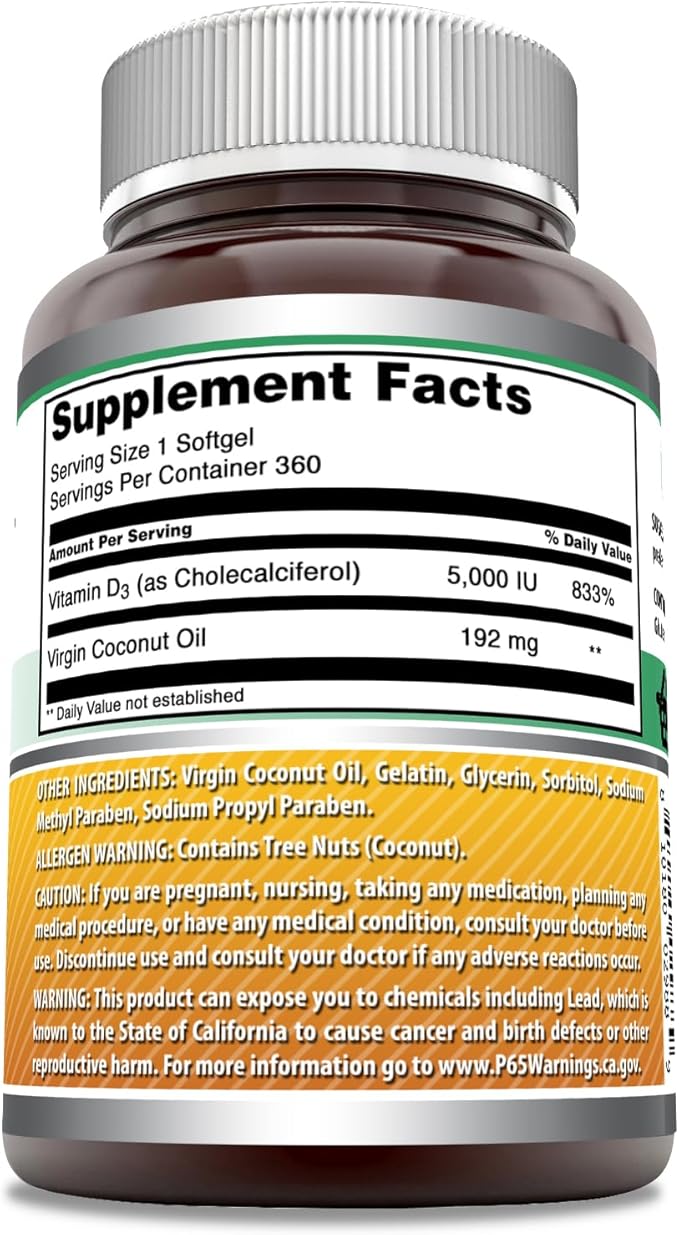 Amazing Formulas Vitamin D3 in Coconut Oil Supplement | 5000 IU | 360 Softgels | Non-GMO | Gluten-Free | Made in USA
