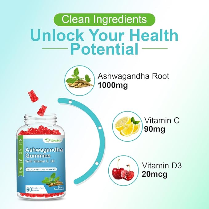 2 Pack Ashwagandha Gummies & Vitamin D Gummies for Women & Men - with Vitamin C for Support Calm Mood, Relaxation & Immune, Mixed Berry 60 Cts