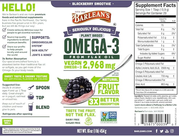Barlean's Seriously Delicious BlackBerry Smoothie from Flax Oil and Piña Colada Seriously Delicious Omega-3 Fish Oil Smoothie