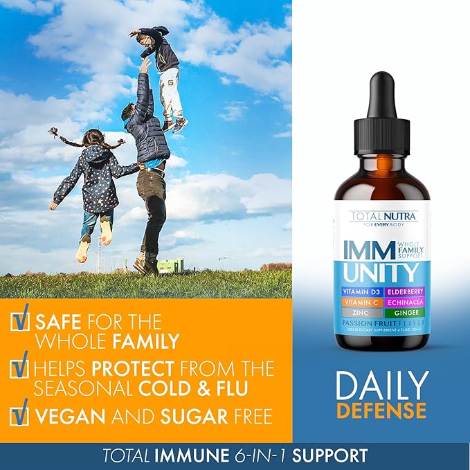 6-in-1 Liquid Multivitamin Supplement | 100% Daily Zinc, Vitamin D3 and Vitamin C Immunity Drops | Elderberry, Echinacea & Ginger Defense Support for Adults & Kids (Passion Fruit, 4oz-2pk)