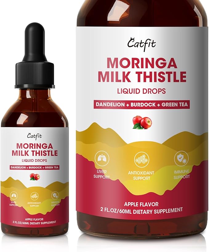 Moringa Milk Thistle Liquid Drops - Liver Health, Immune Support, Antioxidant Blend with Burdock, Green Tea & Dandelion - Moringa Capsules Alternative - Vegan, Apple Flavor,2 Fl Oz