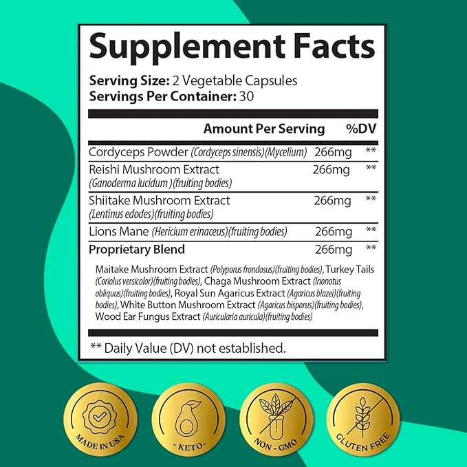 ColonBroom Mushroom Complex, Powerful Mushroom Blend with Cordyceps, Reishi, Shiitake, Lion’s Mane Extract for Energy, Immunity, Stress Relief & Cognitive Health - 2 x 60 Capsules, 60 Day Supply