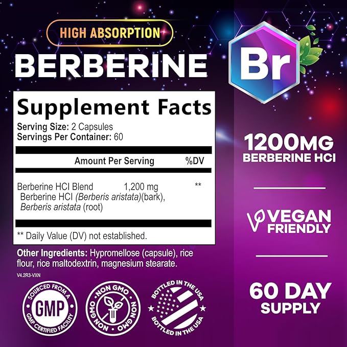Premium Berberine HCL 1200mg Supplement - Berberine HCI Capsules High Absorption Supplement for Heart Health & Immune Support, High Strength, Gluten-Free, Vegan, Non-GMO Pills - 120 Veggie Capsules