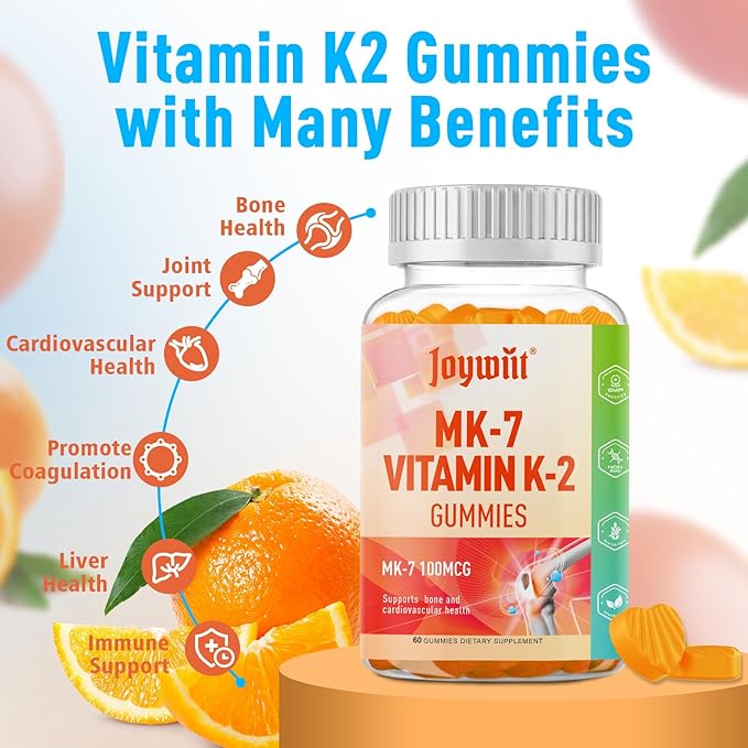 Vitamin K2 MK-7 Gummies 100mcg, Extra Strength K2 Vitamin Supplement for Bone & He-Art Support, Chewable Natural Orange Flavor, Non GMO, Vegan, 60 Gummies