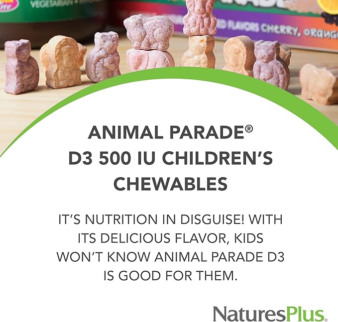 Natures Plus Animal Parade Vitamin D3 Children’s Chewables - Black Cherry Flavor - 90 Animal-Shaped Tablets - Gluten Free, Vegetarian, Hypoallergenic - 90 Servings