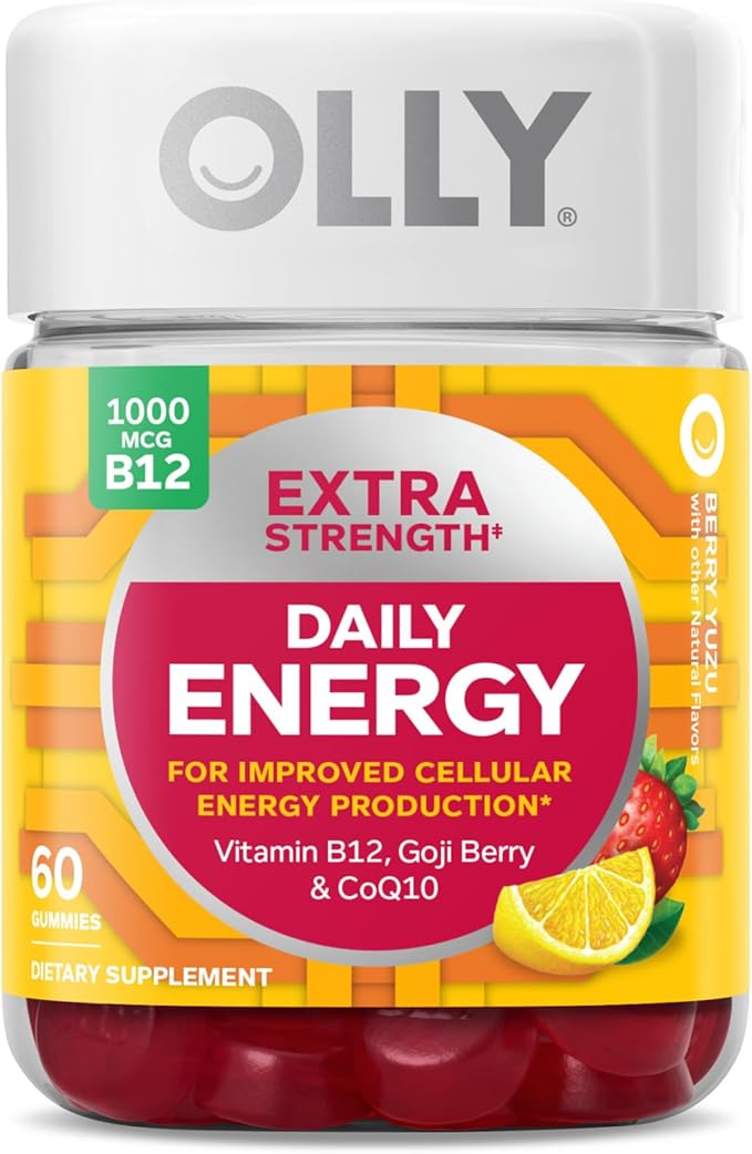 OLLY Muscle Recovery Sleep Gummies, Sleep and Sore Muscle Support, 3mg Melatonin & Extra Strength Daily Energy Gummy, Caffeine Free, 1000mcg Vitamin B12, CoQ10, Goji Berry