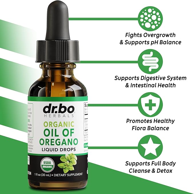 Oregano Oil Organic Liquid Drops - 6 Month Supply Oil of Oregano Drops Tincture Extract, Cleanse, Detox, Immune Support, Digestive Gut Health - Pure Vegan Non-GMO Herbal Organic Oregano Oil Drops 1 oz