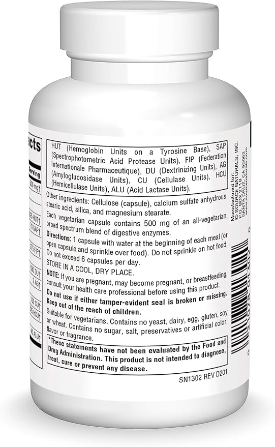 Source Naturals Essential Enzymes 500mg Bio-Aligned Multiple Enzyme Supplement Herbal Defense for Digestion, Gas, Constipation & Bloating Relief - Supports Immune System* - 120 Vegetarian Capsules