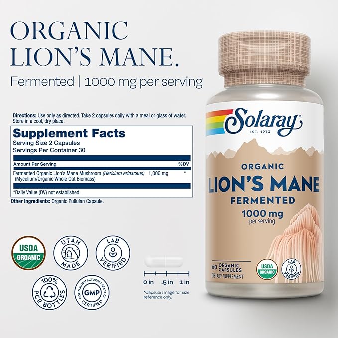 SOLARAY Organic Lions Mane Supplement Capsules - Providing 1000 mg of Lion's Mane Organic Mushrooms, Fermented for Enhanced Absorption - Vegan, 60-Day Guarantee, Lab Verified, 30 Servings, 60 VegCaps