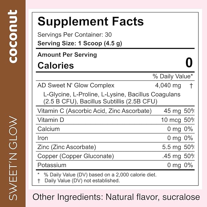 Project Ad Sweet' N Glow Zero Calorie Sugar Free Sweet'Ner with Collagen Building Agents (30 Servings, Coconut)