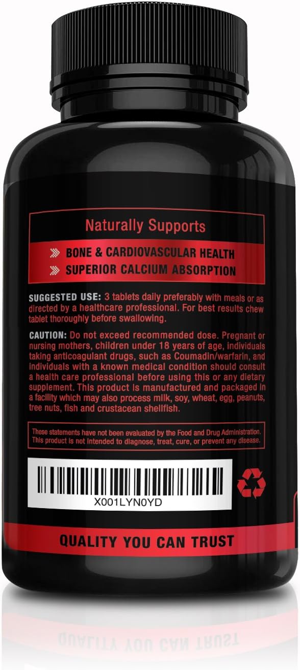 Vitamin K2 D3 - Cherry Flavored Chewable Tablets for Superior Calcium Absorption - Supports Bone & Cardiovascular Health - Serving Size K2 mk7 225 mcg, D3 6000 IU - Vitamin D3 K2
