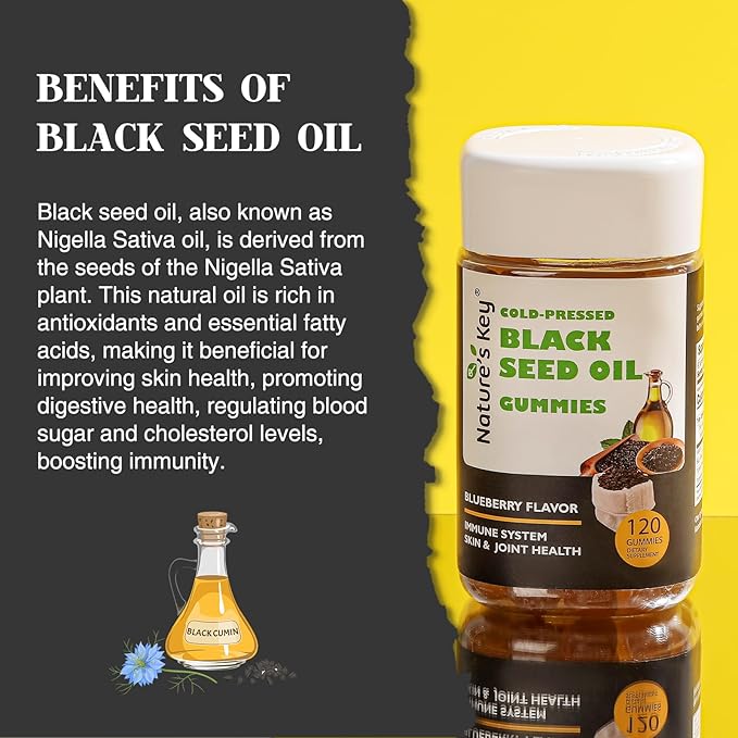 Nature's Key Black Seed Oil Gummies,Support Immunity, Joints, Digestion, Hair & Skin | Cold-Pressed, with 200mg Nigella Sativa Seed Oil, Vitamin C, Ginger, Pomegranate (Blueberry Flavor 120 Count)