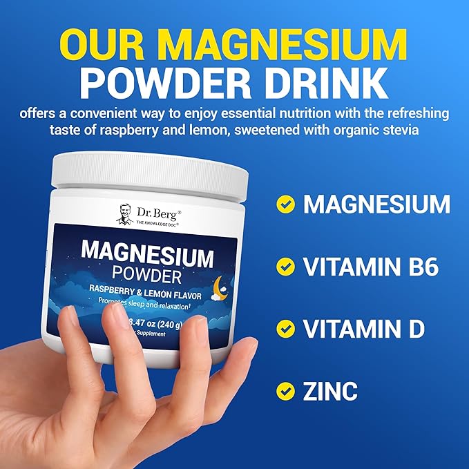 Dr. Berg Magnesium Glycinate Powder for Sleep, Relaxation, & Stress Relief - Now Includes Vitamin D3 & Zinc - Delicious Raspberry & Lemon Flavor (50 Servings) Magnesium Powder - Magnesium Drink Powder