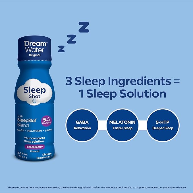 Dream Water Sleep Aid Supplement Drink; Melatonin 5mg, GABA, 5-HTP; Zero Sugar, Natural Flavors, No Added Colors, 2.5 oz Liquid Sleep Shots, Snoozeberry, 4-Count