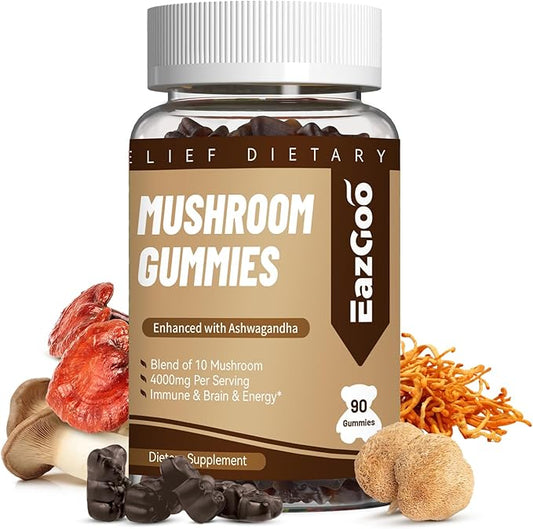 Mushroom Gummies Supplement - with Ashwagandha, Lions Mane, Shitake Mushrooms, Turkey Tail, Chaga, and Cordyceps Mushroom for Immune Health, Mood & Stress Support (90 Gummies)