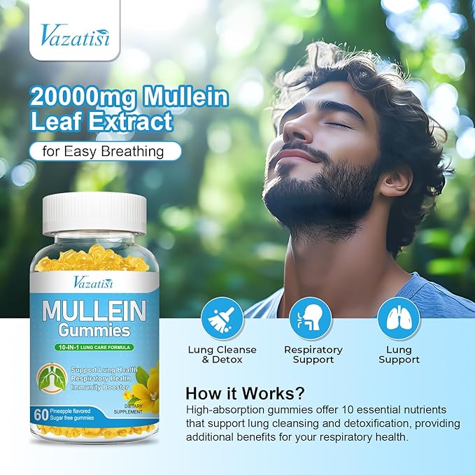 10 in 1 Mullein Gummies for Lungs, Mullein Leaf Extract with Bromelain, Quercetin, Magnesium - Support Lung Cleanse for Healthy Breathing, 60ct