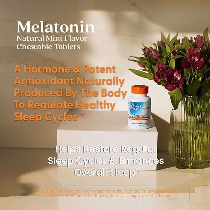 Doctors Best Melatonin, Sleep Support, Non-GMO, Gluten Free Vegan, Natural Mint Flavor 120 Chewable Tablets