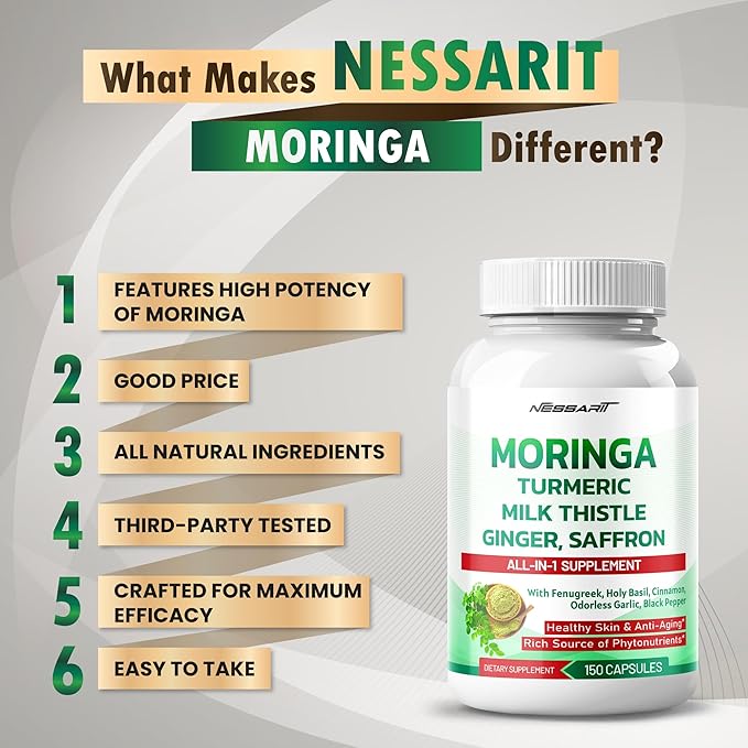 Moringa Supplement - 10-in-1 Natural Blend with Turmeric Milk Thistle Ginger Saffron Fenugreek Holy Basil Ceylon Cinnamon - 150 Count - Made & Tested in The USA