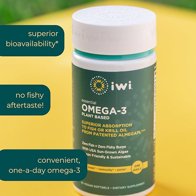 Iwi Omega-3 Essential, 30 Softgels (30 Servings), Plant-Based Algae Omega 3 with EPA + DHA, Brain, Heart & Immune Support Dietary Supplement, Krill & Fish Oil Alternative, No Fishy Aftertaste