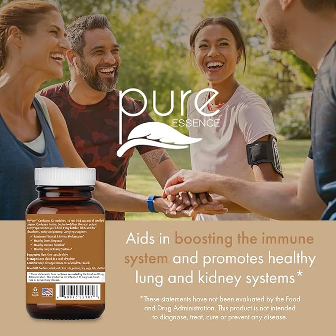 PURE ESSENCE LABS MyPure Cordyceps 4X Mushrooms - Concentrated Cordyceps Mushroom Powder Supplements for Immune System, Stress Response, Physical & Mental Performance - 1 Month Supply