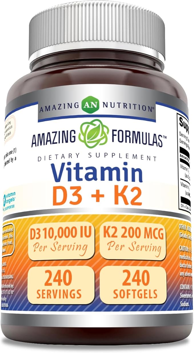 Amazing Formulas Vitamin D3 10000 IU with Vitamin K2 200 Mcg | D3 + K2 Complex Supplement | Non-GMO | Gluten-Free | Made in USA (240 Count, 1 Pack)